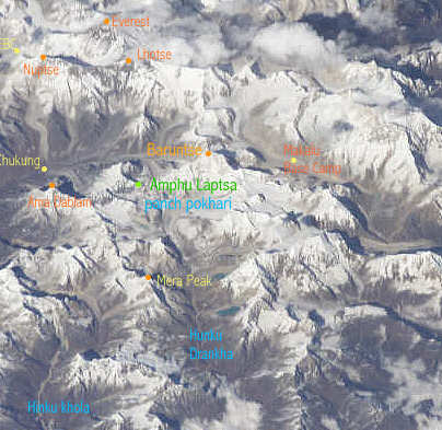 Weltraumbild nepal Mera peak, Baruntse, Makalu und Amphu Laptsa